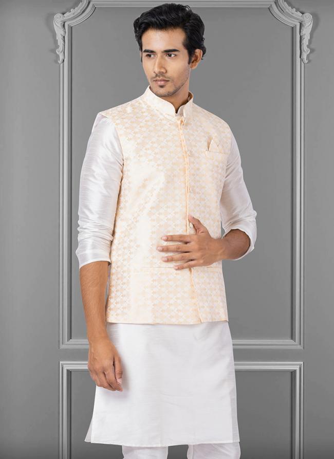 Jacquard Silk White Festival Wear Embroidery Work Readymade Men's Waistcoat